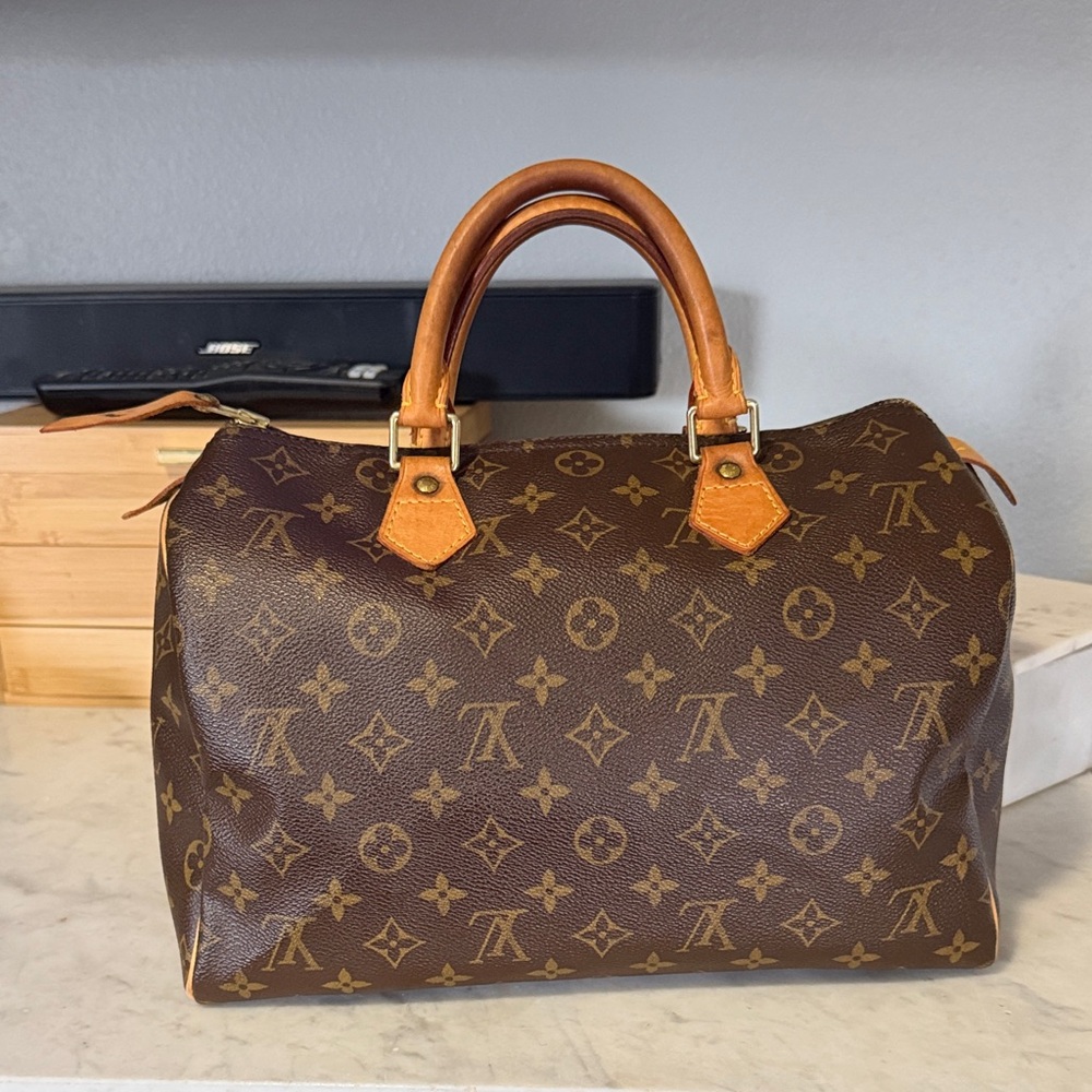 Louis Vuitton Brown Monogram Speedy Handbag with Tan Trim